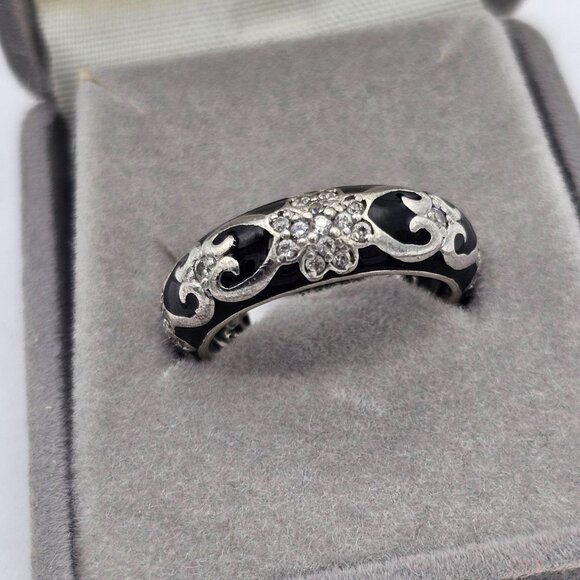 Hildago Sterling Silver CZ Black Enamel Floral Scroll Band Ring Size 7 (6.75) - Picture 1 of 9